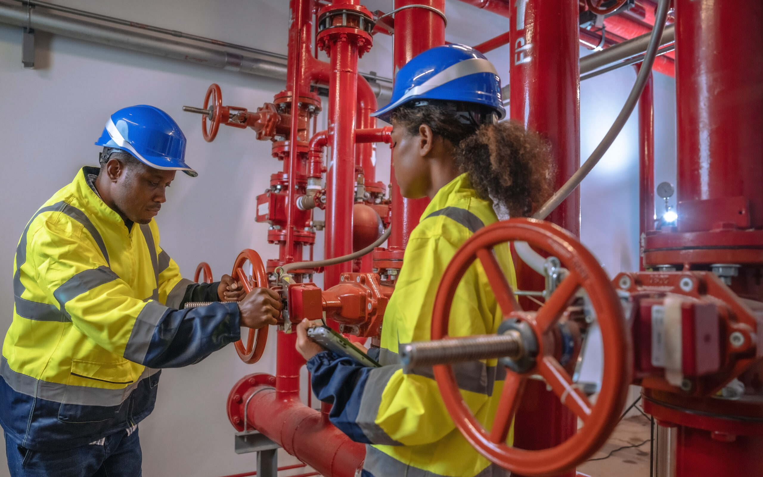 Engineer checks the orderliness of the fire pump control system in the industrial plant.