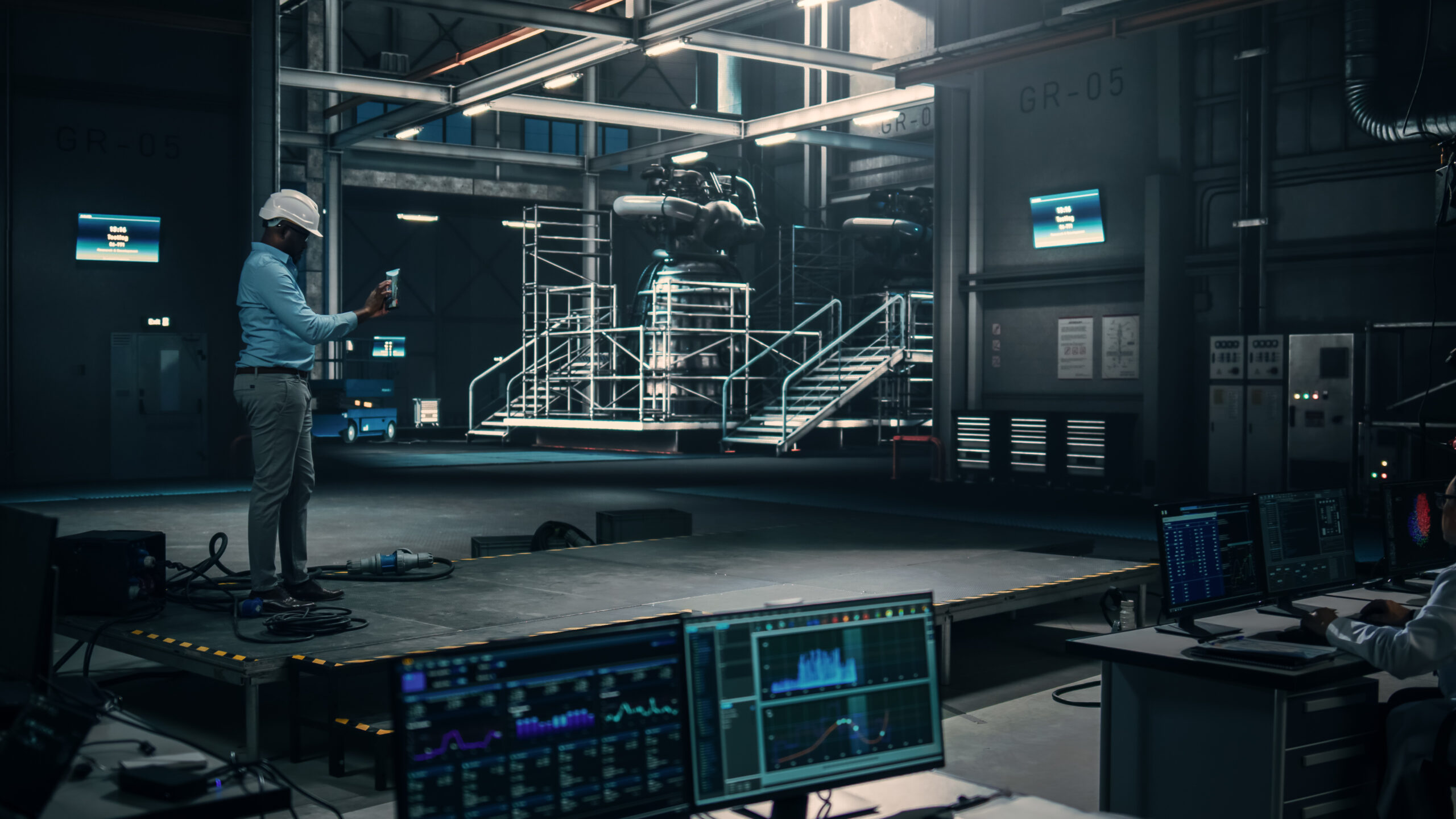 Male Engineer Uses Tablet Computer while Working in an Industial Facility at a Factory. Scientist uses Augmented Reality Software. Empty Space Left for Mock Up Template for VFX.