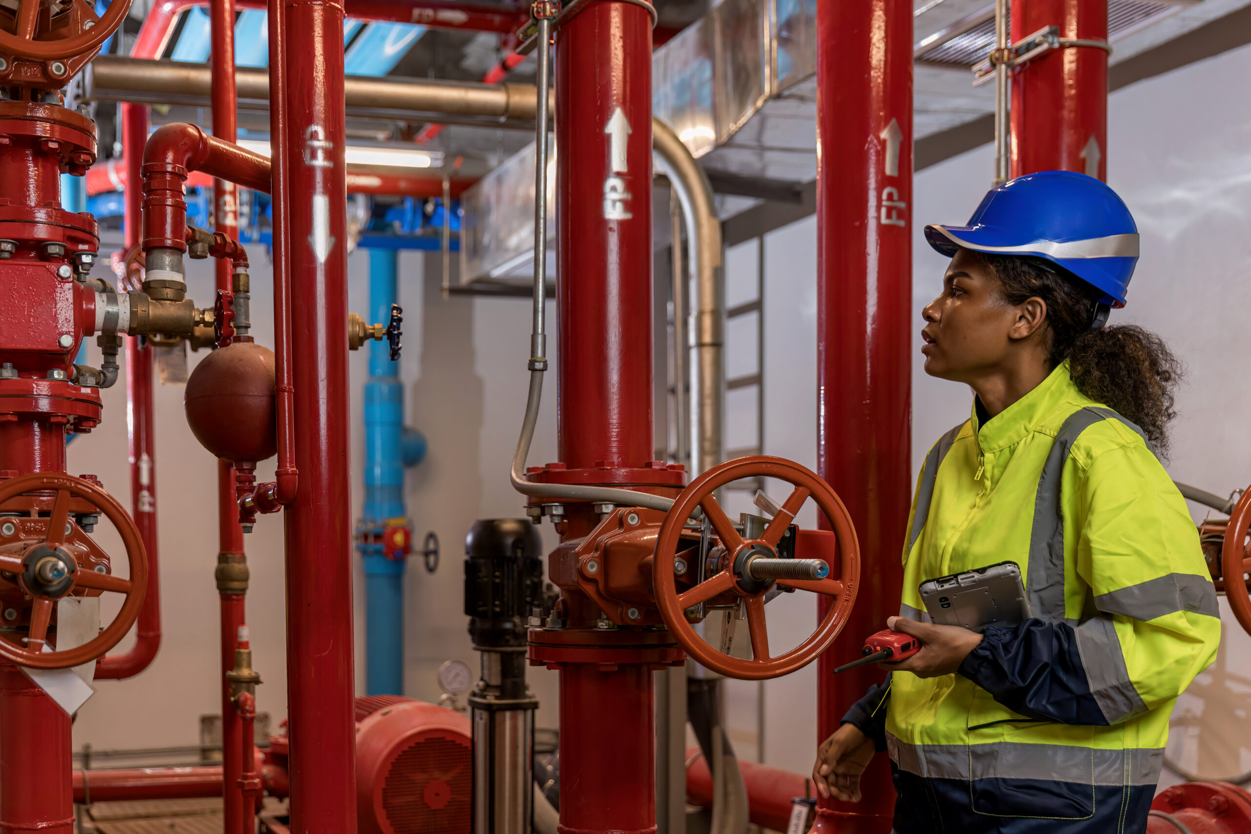Engineer or technician work checking Fire suppression system and fire equipment. Engineer check red generator pump for water sprinkler piping and fire alarm control system